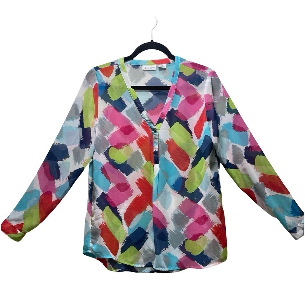 Liz Claiborne Bright Multi Color Sheer Blouse Size Medium
